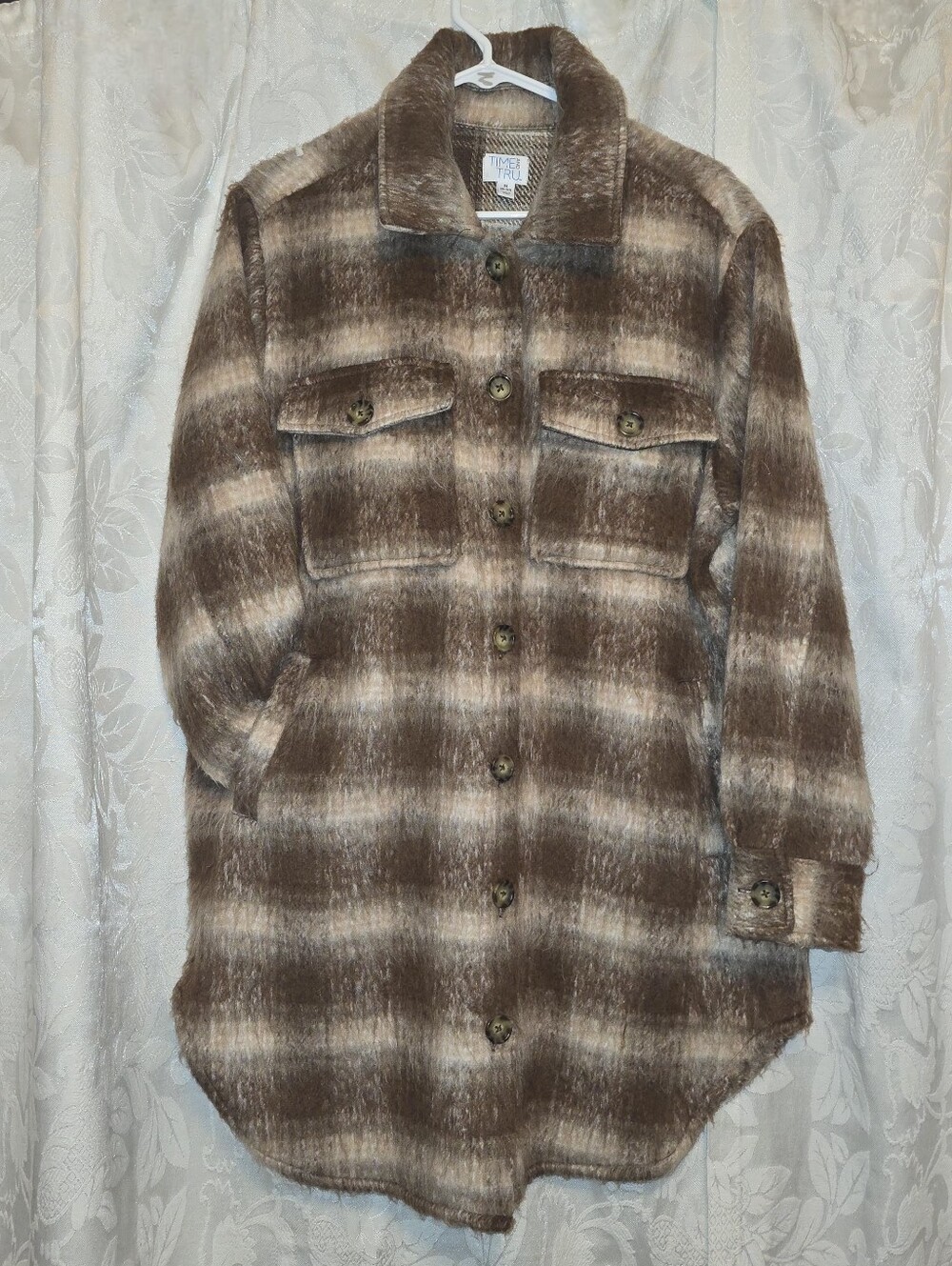 Brown Plaid Shacket Jacket Size M Oversized Time and Tru
